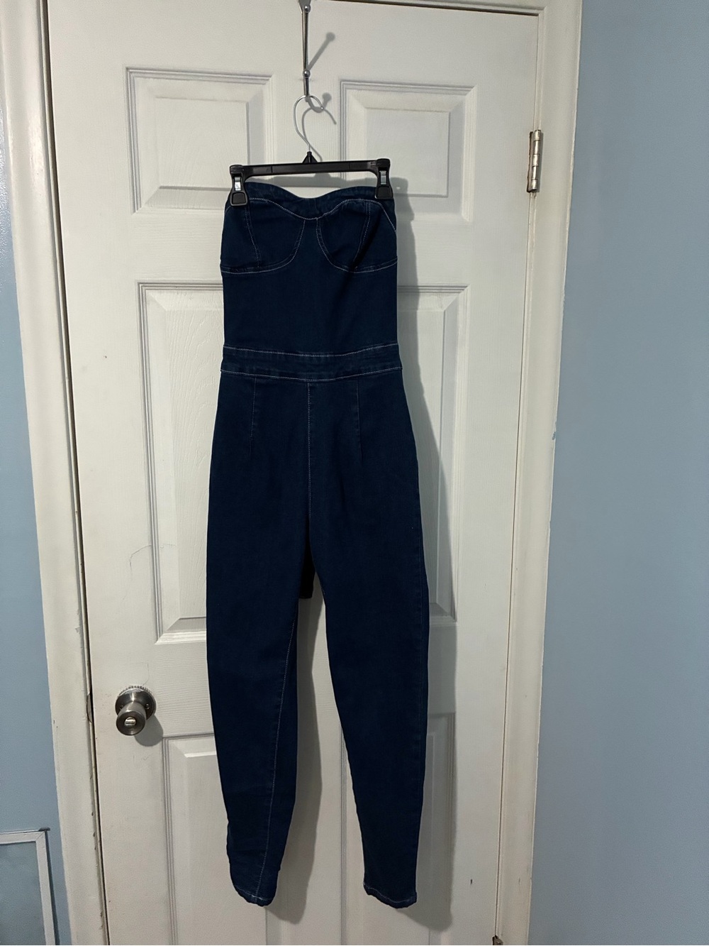 SHEIN Navy Strapless Denim Jumpsuit